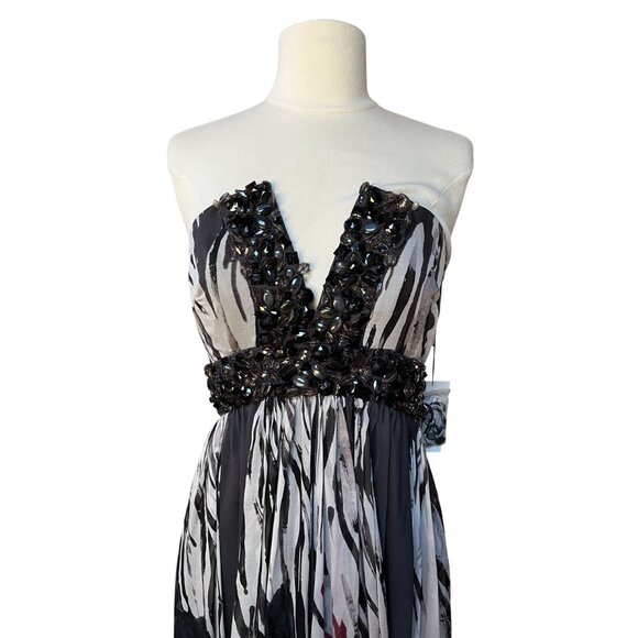 NWT Jovani Crepe Georgette Beaded Strapless Gown Abstract Floral Hibiscus Print - Picture 4 of 8